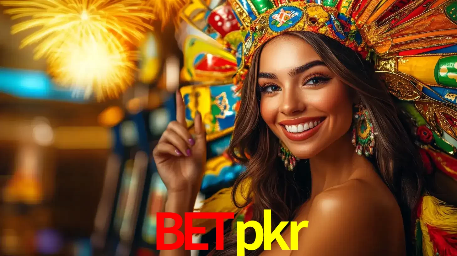 Mulher sorridente com um cocar de carnaval vibrante e colorido, celebrando uma grande vitória nos jogos do cassino betpkr com fogos de artifício ao fundo.