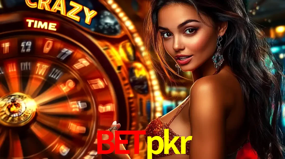 Mulher ao lado da roda de prêmios do jogo de cassino ao vivo Crazy Time, um dos shows de jogos mais emocionantes oferecidos pela plataforma de apostas betpkr.