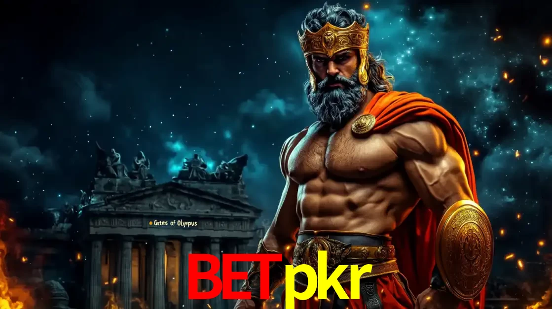 O poderoso Zeus do jogo de slot Gates of Olympus em frente ao seu templo, pronto para lançar multiplicadores divinos e prêmios épicos no cassino online betpkr.