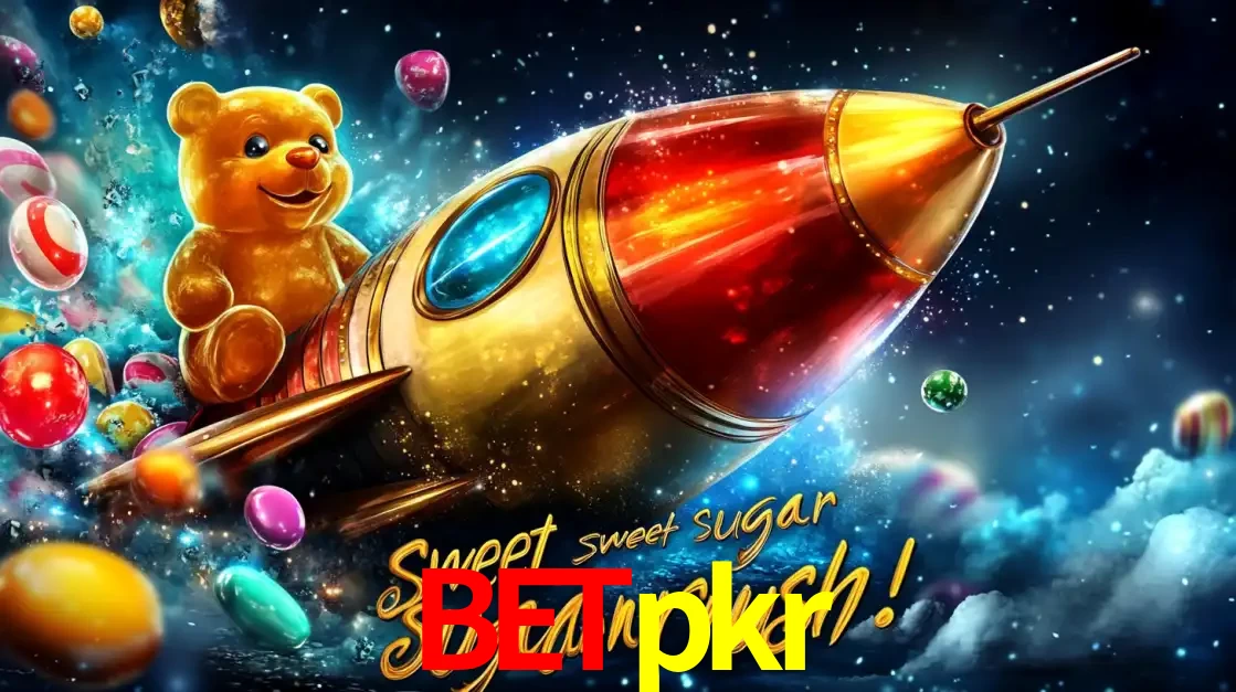 Arte promocional do jogo de slot Sugar Rush, com um urso de pelúcia em um foguete viajando pelo espaço de doces, um dos jogos divertidos disponíveis no cassino betpkr.