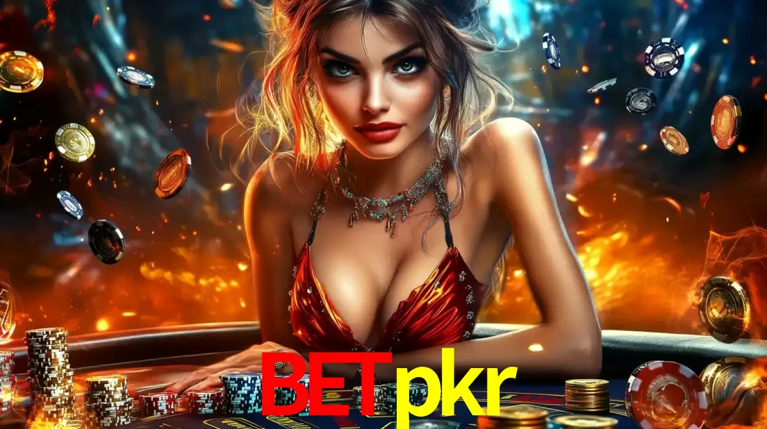 Mulher em uma mesa de cassino com pilhas de fichas e um fundo de fogo, pronta para uma rodada de altas apostas nos jogos de mesa emocionantes do cassino betpkr.