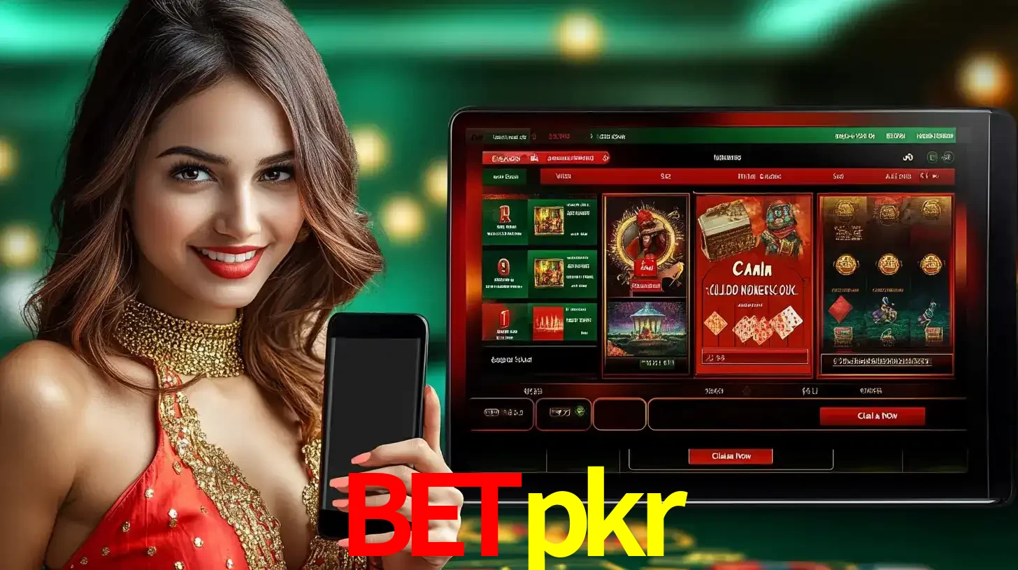 Mulher sorridente segurando um smartphone, ao lado de uma tela exibindo o lobby de jogos do cassino online betpkr, com várias opções de jogos de cartas e slots.